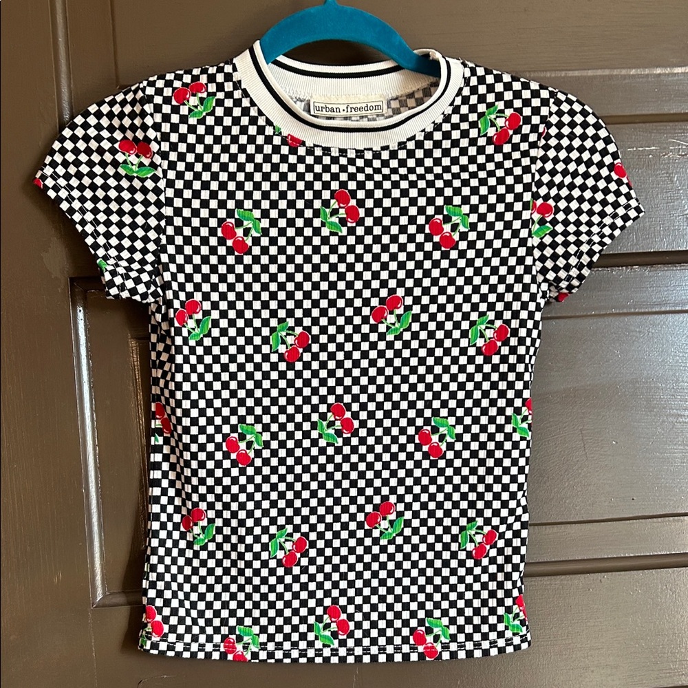 Girls Black Checkerboard Cherry Short Sleeve Tee; 8